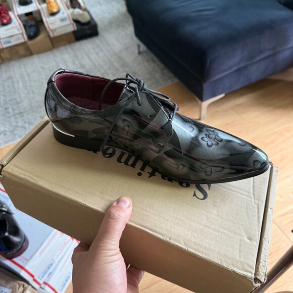 Santimon Mens US 9.5, 12 Grey Floral Patent Leather Pointed Toe Oxford Shoes - Picture 5 of 8